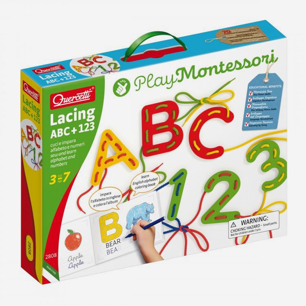 Joc cu sireturi Montessori Quercetti Lacing ABC+123